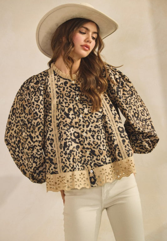 Leopard Eyelet Hem Button Down Blouse