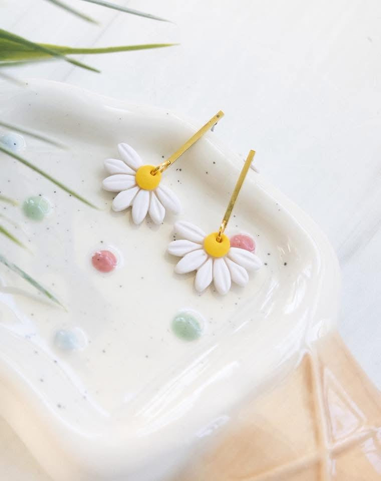 White Daisy Clay Earrings