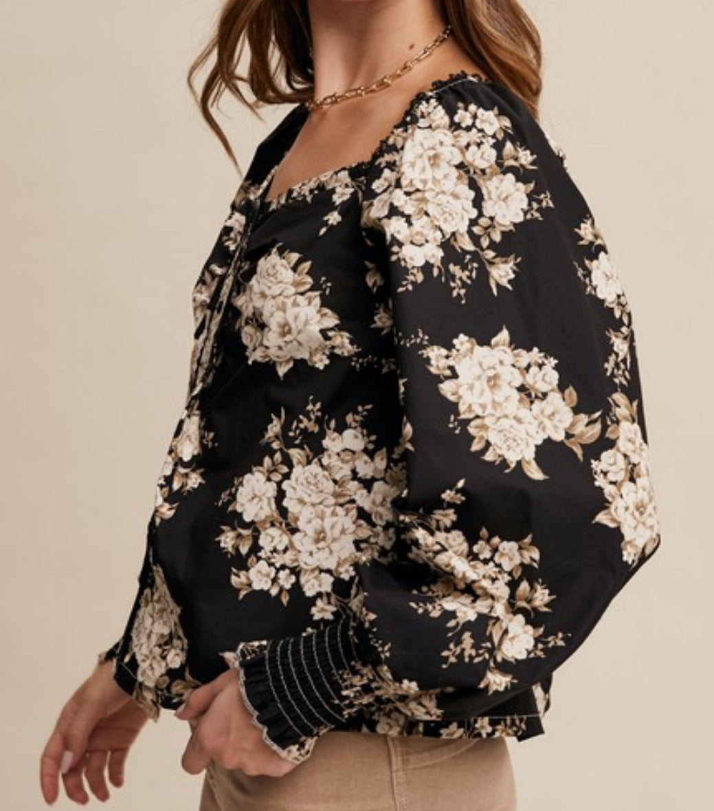 Midnight Garden Blooms Black Floral Blouse