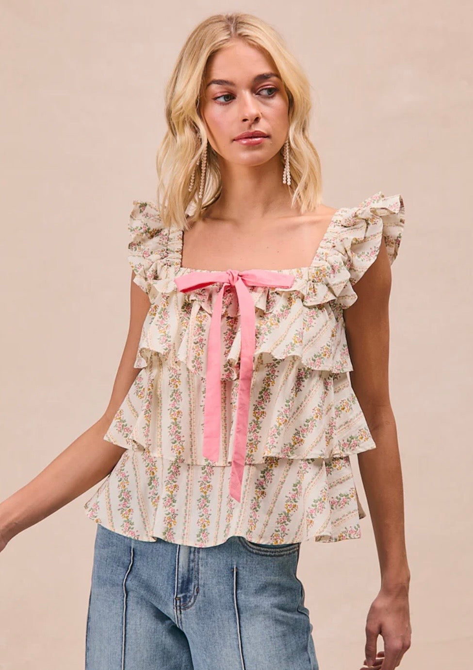 Summer Blooms Ruffle Bow Tank Blouse