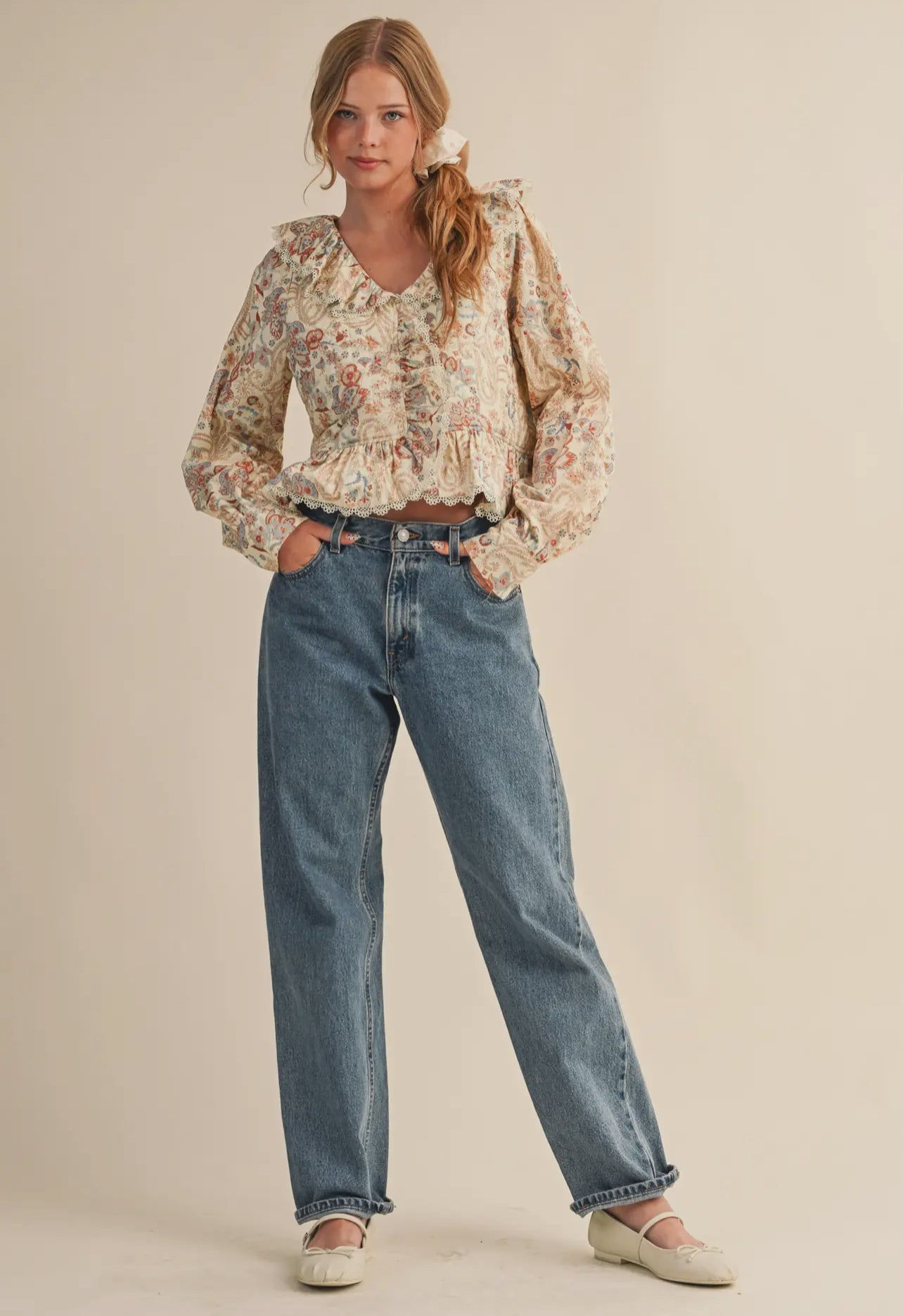 Be Mine Paisley Print Lace Trim Quilted Blouse