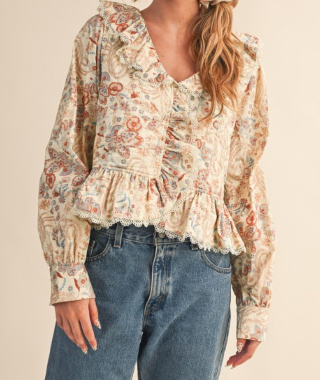 Be Mine Paisley Print Lace Trim Quilted Blouse