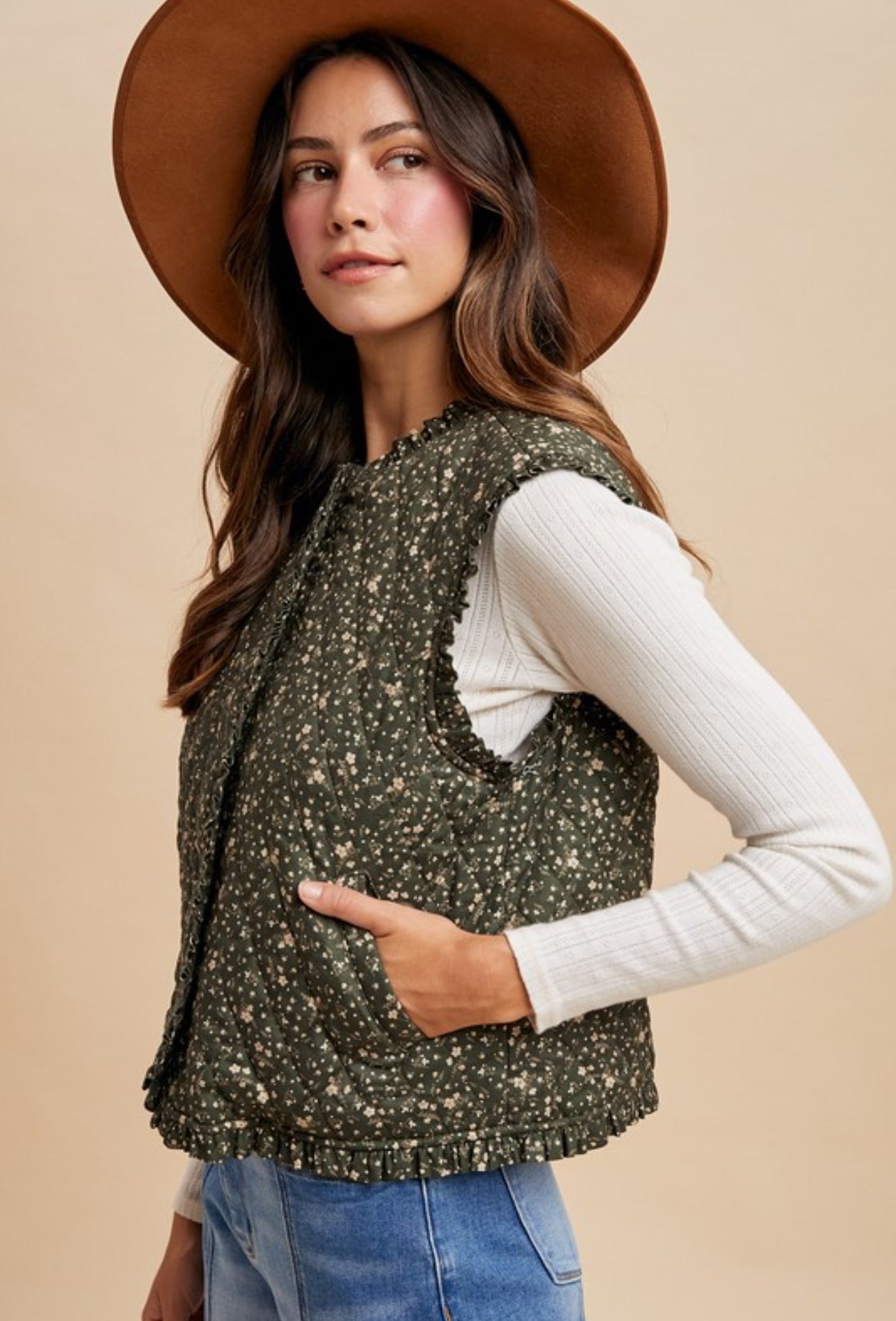 The Meadow Muse Evergreen Floral Quilted Vest