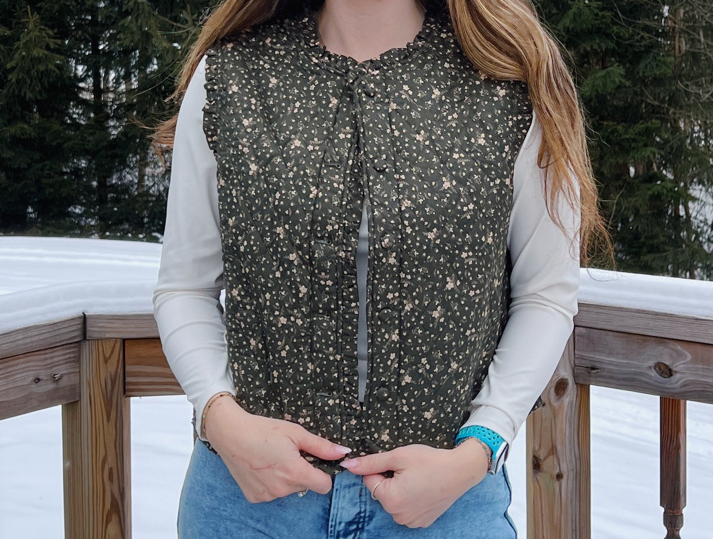 The Meadow Muse Evergreen Floral Quilted Vest