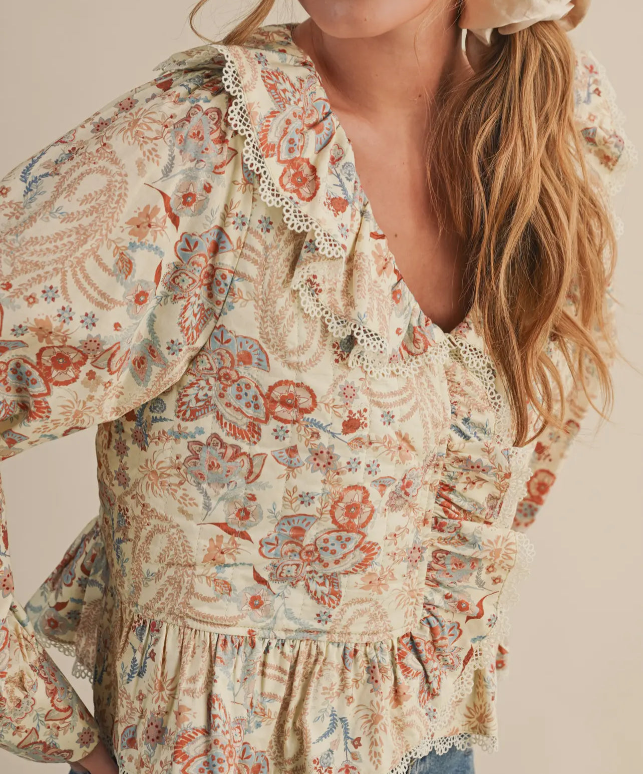 Be Mine Paisley Print Lace Trim Quilted Blouse