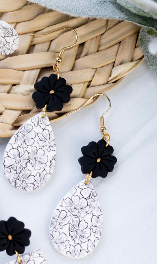 Black Blossom Clay Dangle Earrings