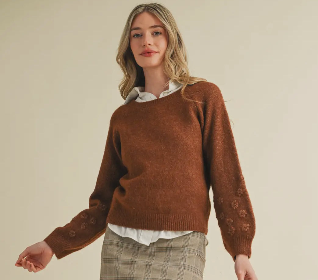 Cinnamon Spice Floral Design Knit Sweater
