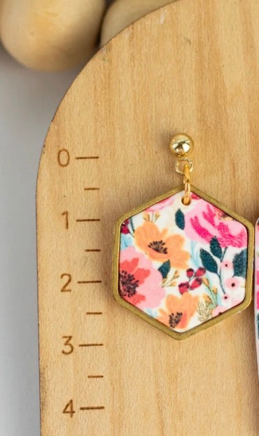 Bright Floral Hexagon Clay Earrings
