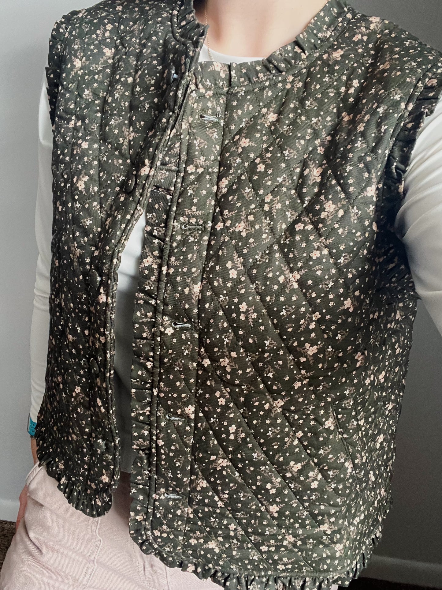 The Meadow Muse Evergreen Floral Quilted Vest
