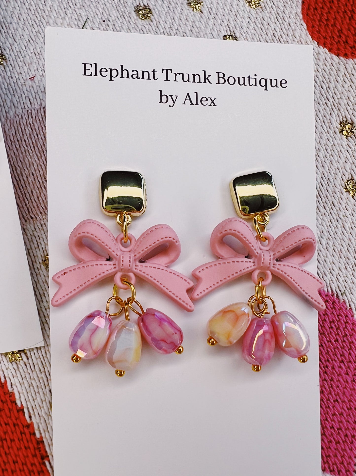 Bow with Square Stud and Bead Dangle
