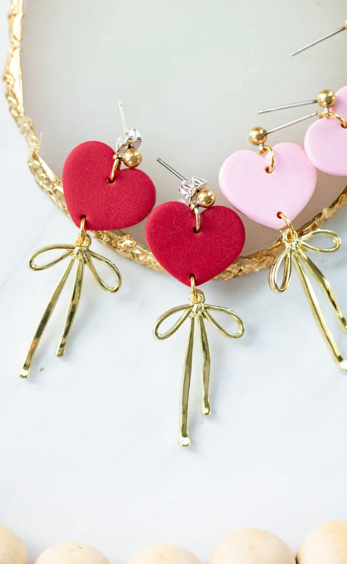 Valentines Heart Bow Dangle Earrings