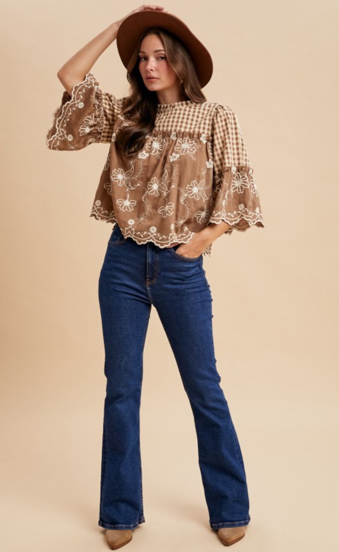 Over Coffee Chats Floral Embroidery Gingham Blouse