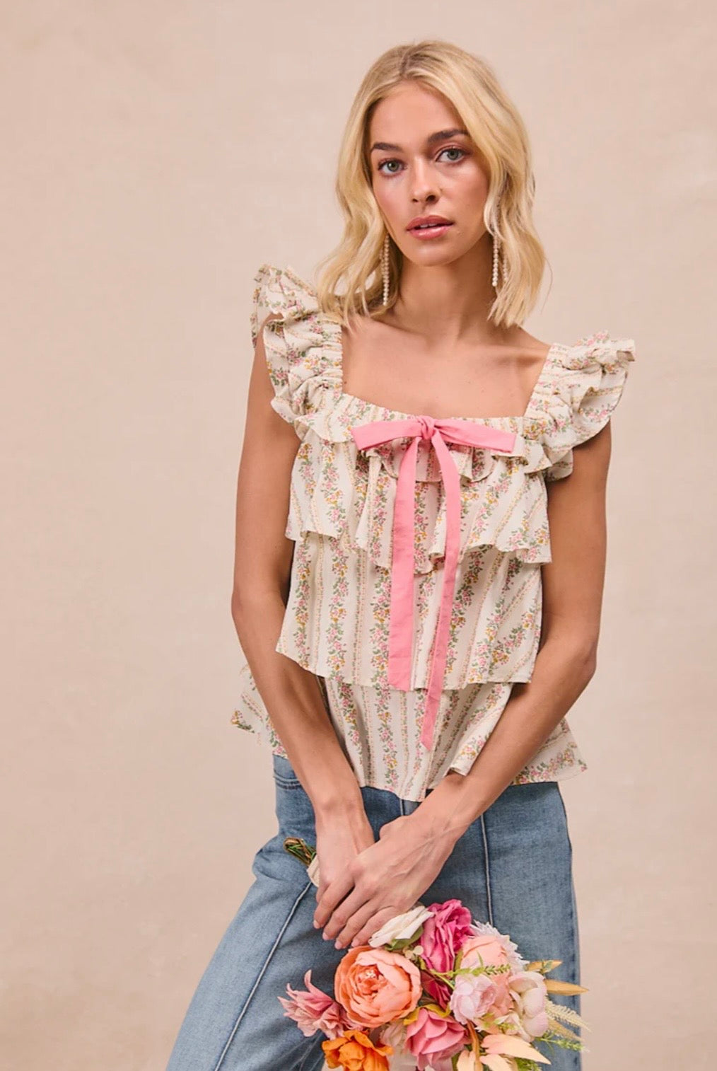 Summer Blooms Ruffle Bow Tank Blouse
