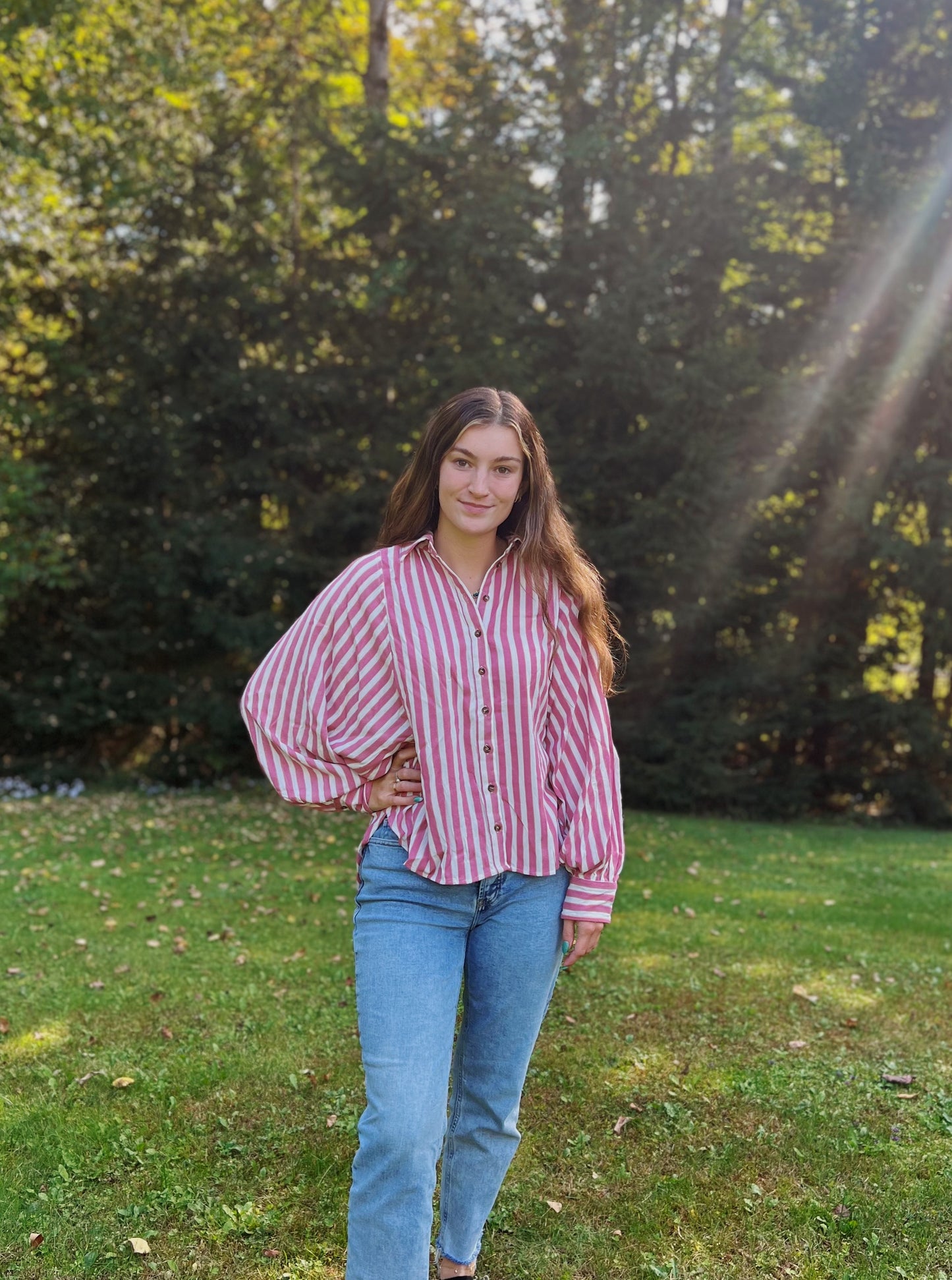 Sweet Perspective Striped Raspberry Batwing Button Down