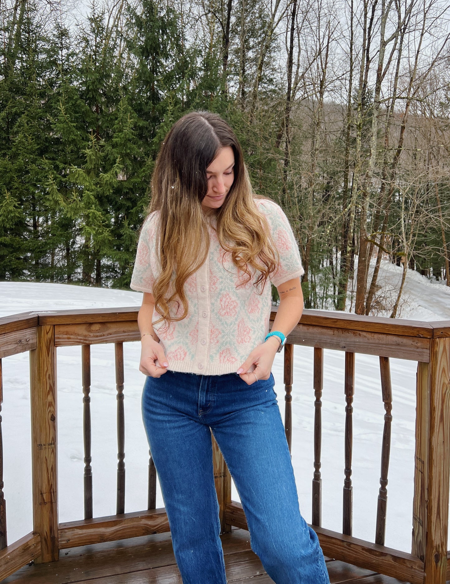 New Love Cream Mint Floral Short Sleeve Sweater Cardigan