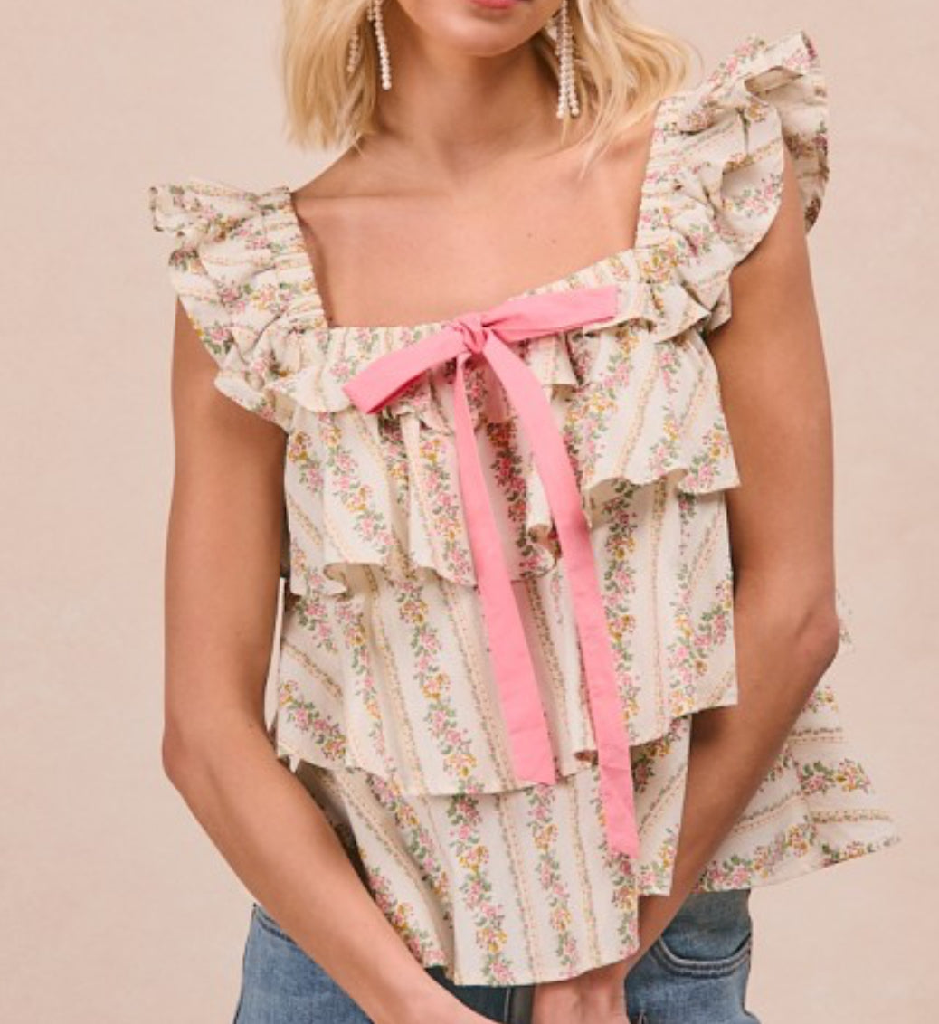 Summer Blooms Ruffle Bow Tank Blouse