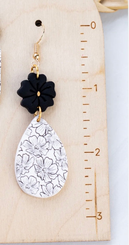 Black Blossom Clay Dangle Earrings