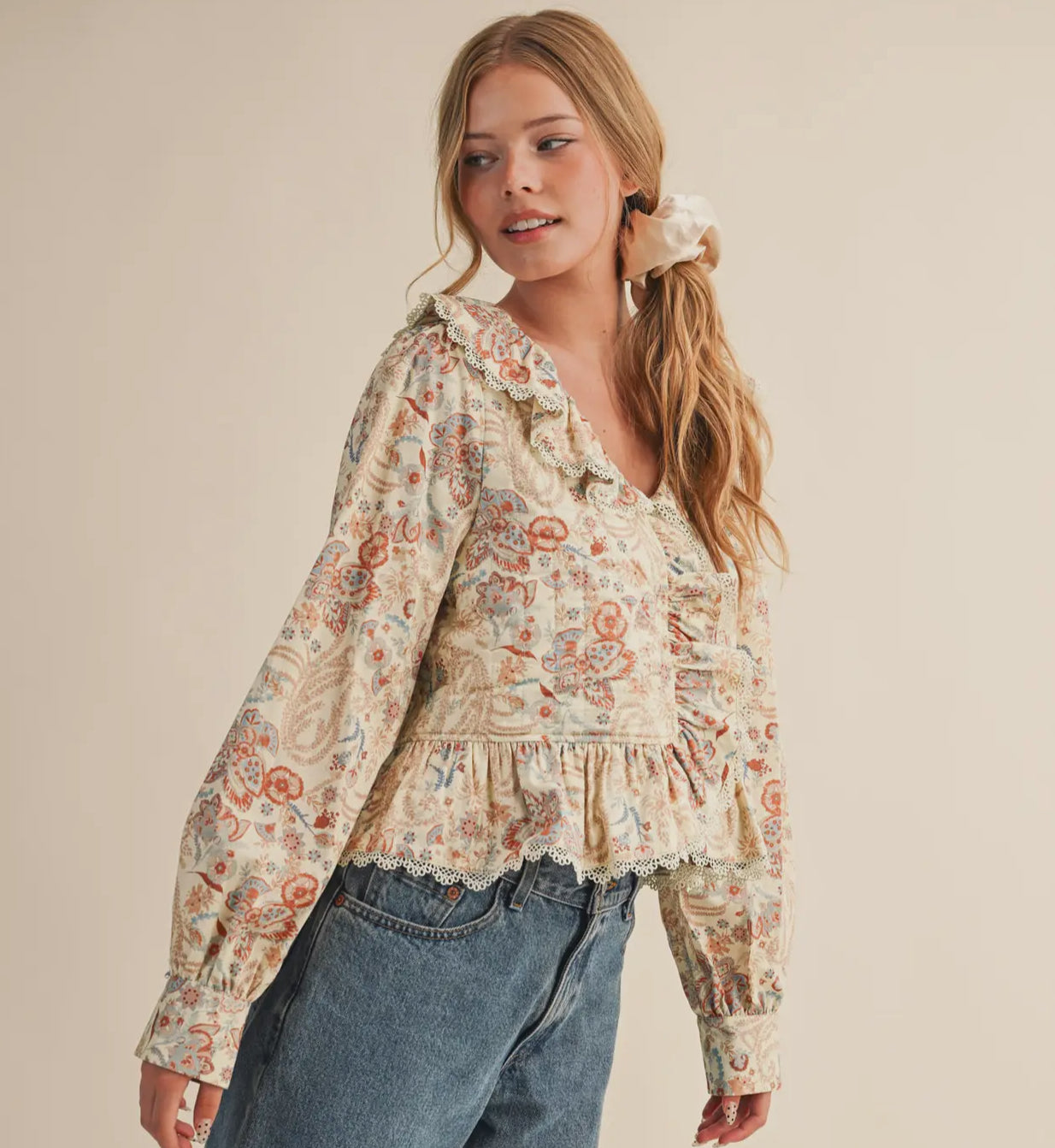 Be Mine Paisley Print Lace Trim Quilted Blouse
