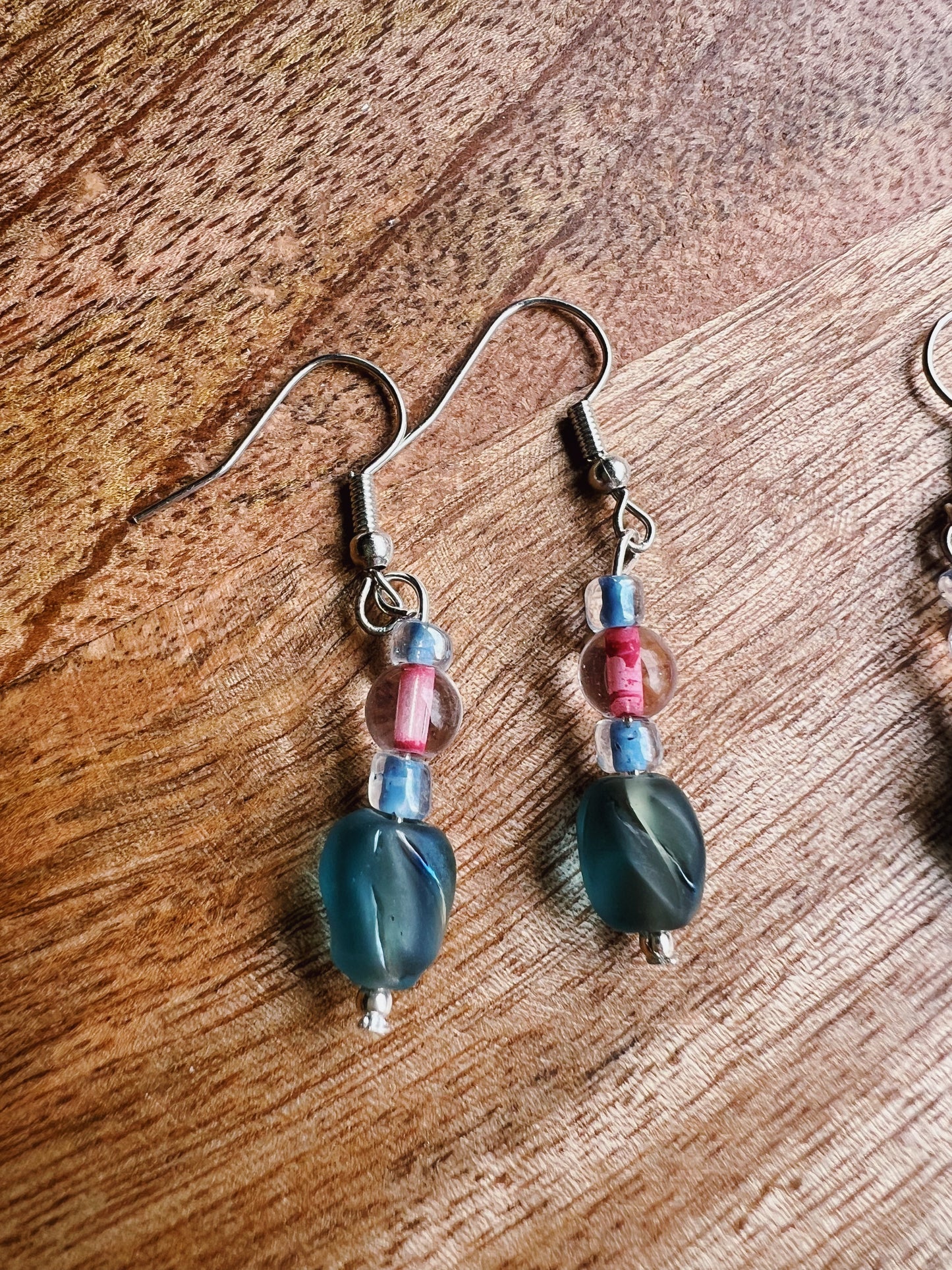 Handmade Blue & Pink Beaded Dangle Earrings