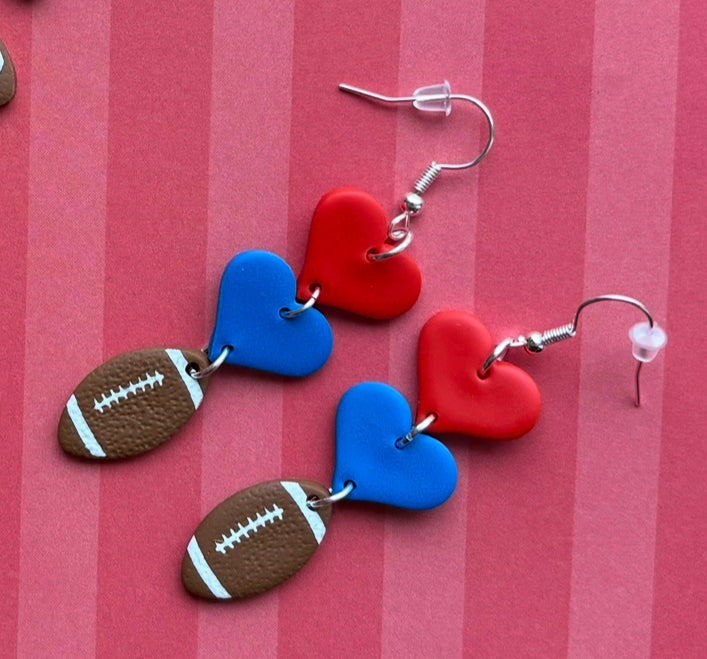 Red & Blue Heart Bills Football Clay Dangle Earrings
