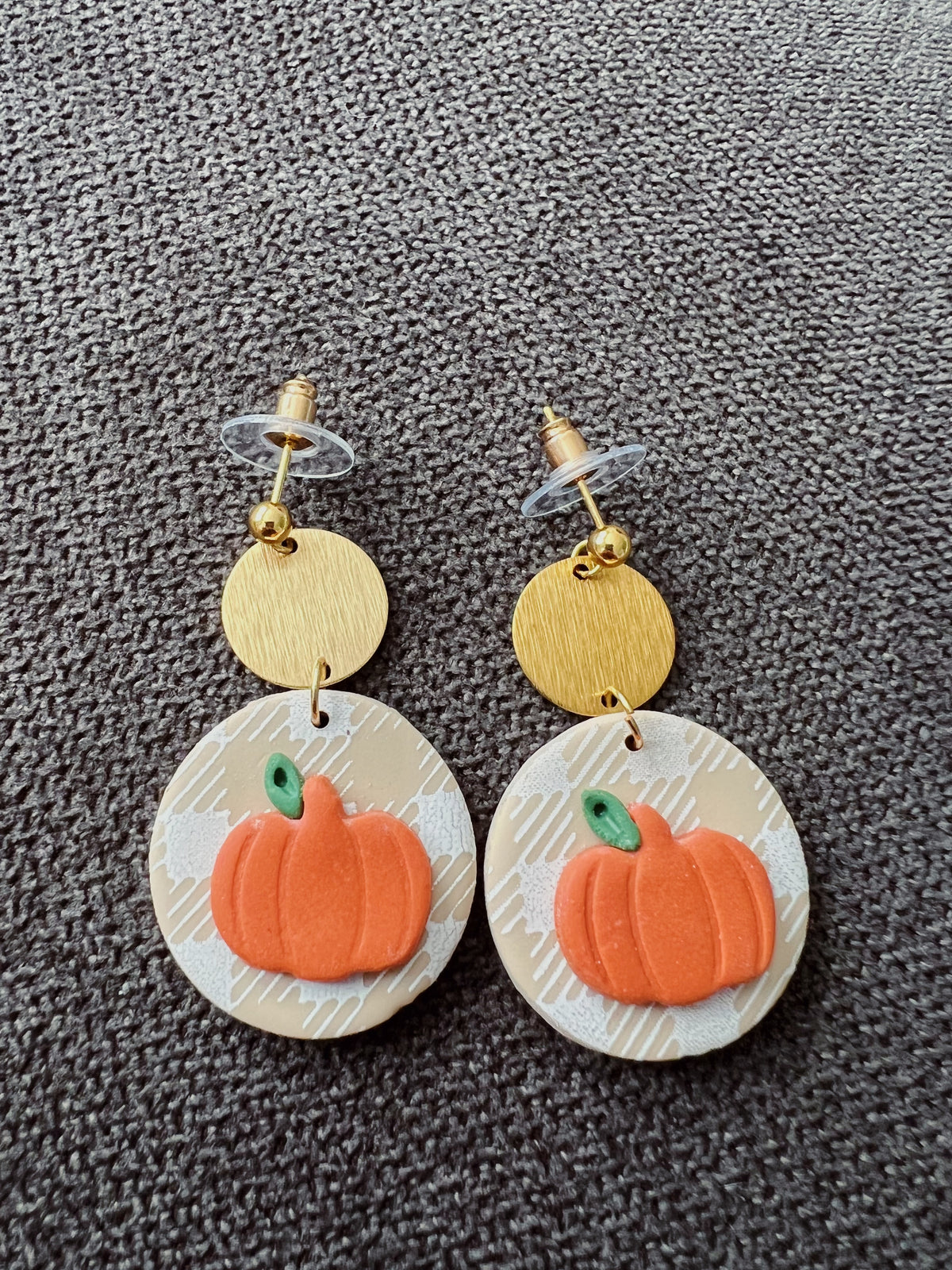 Pumpkin on Plaid Clay Earrings