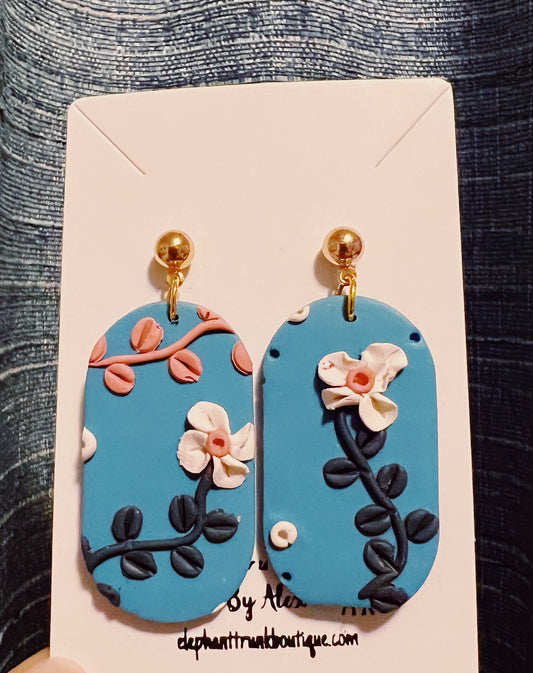 Blue Oval Floral Clay Earrings