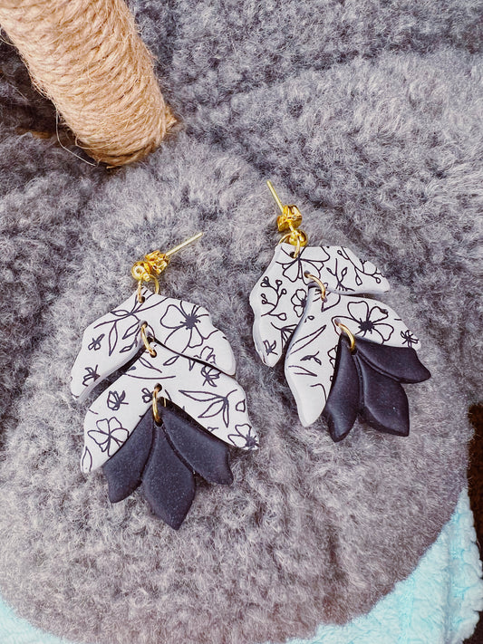Grey Floral Dangle Clay Earrings