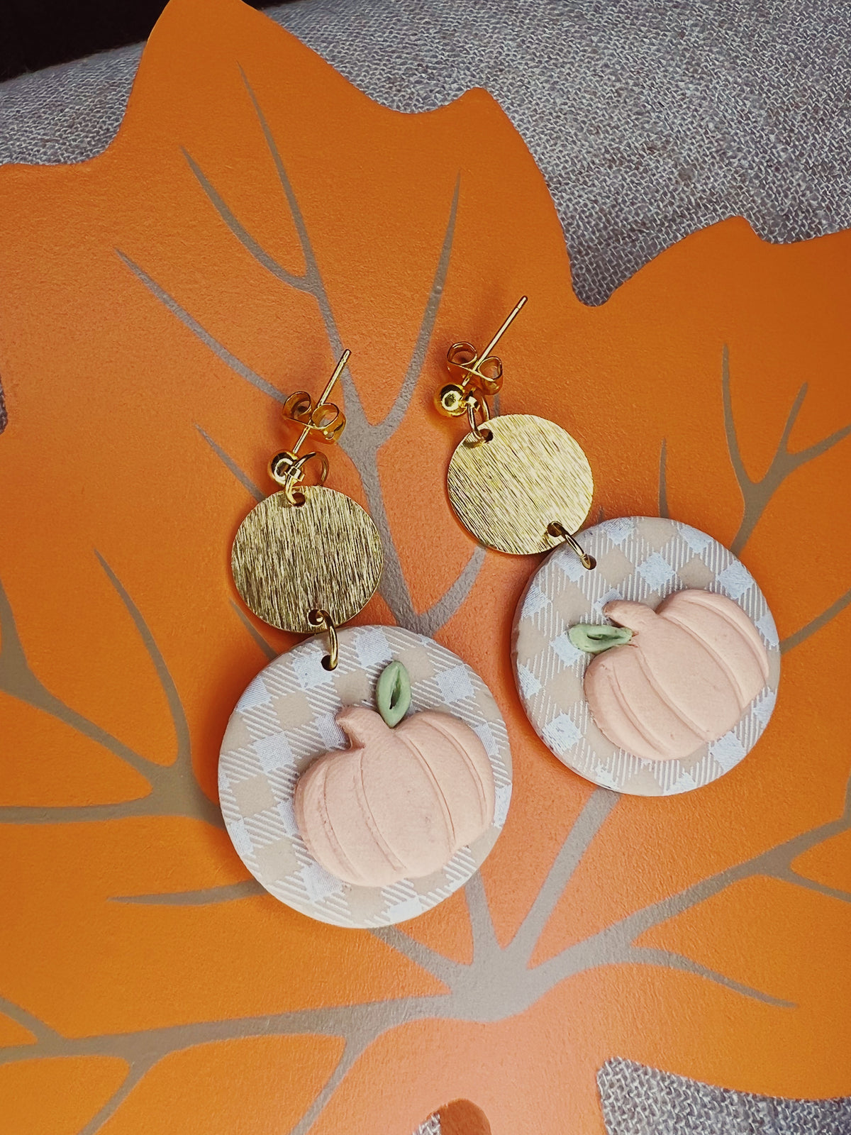 Pumpkin on Plaid Clay Earrings