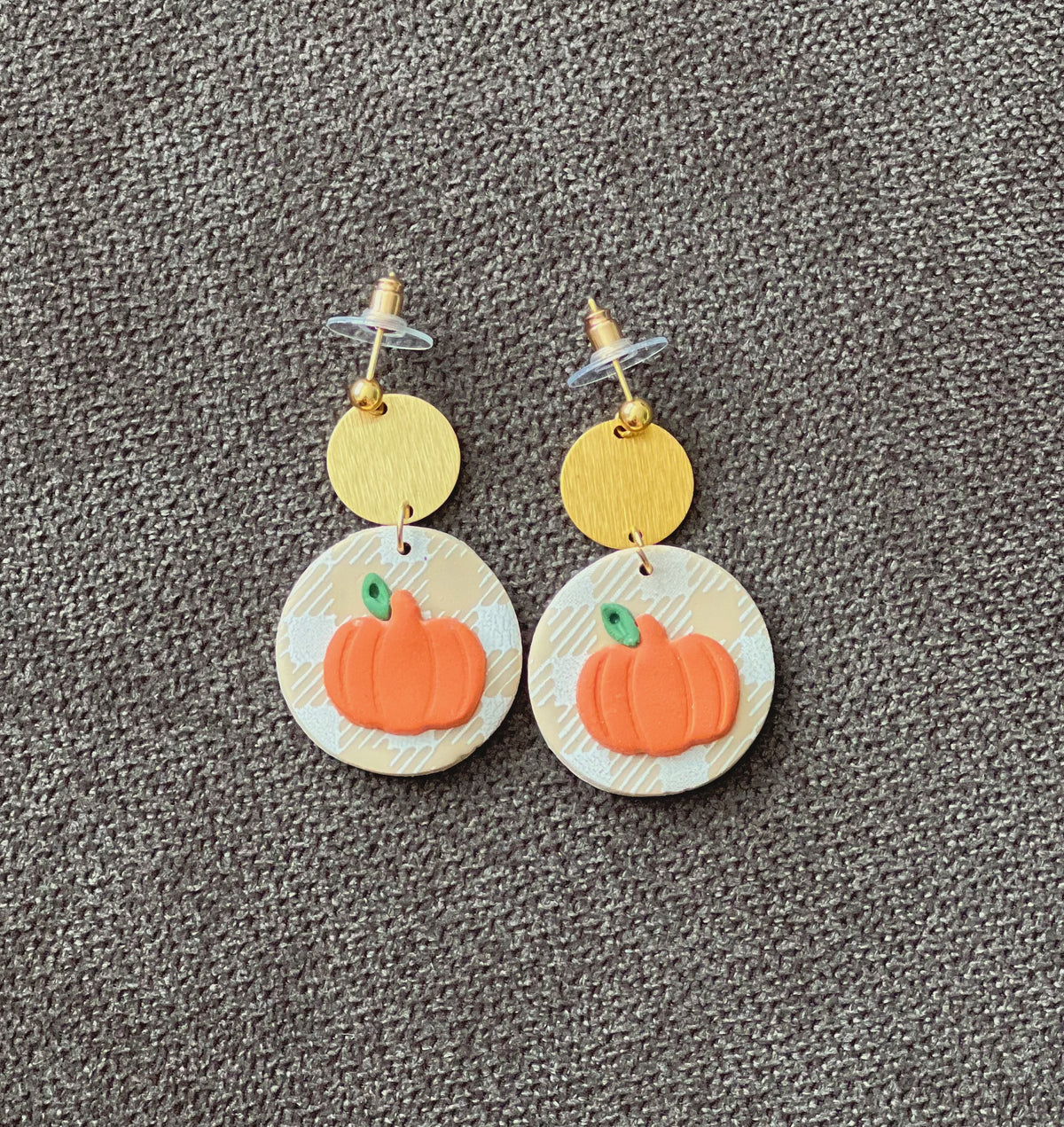 Pumpkin on Plaid Clay Earrings