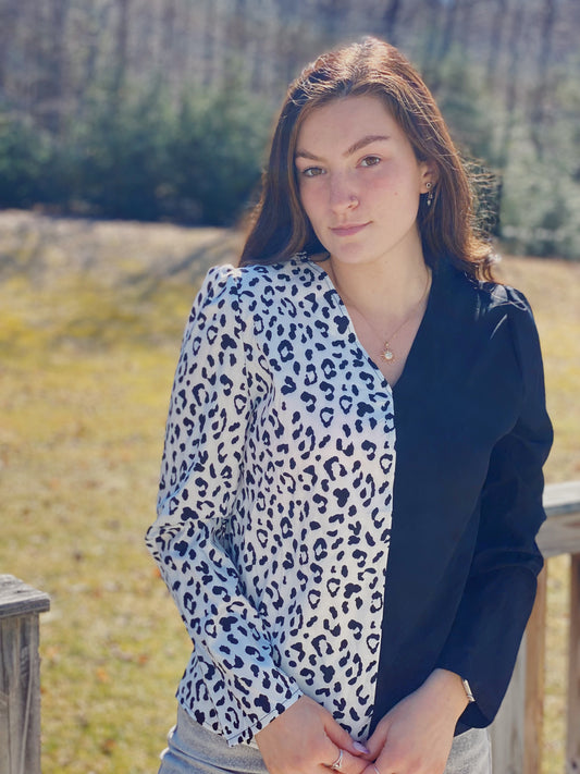 Leopard Colorblock V-neck Blouse