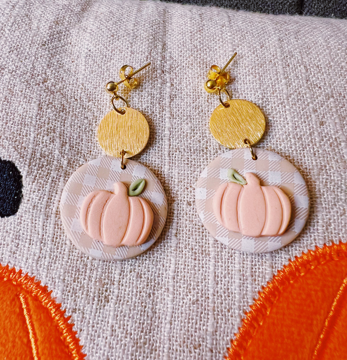 Pumpkin on Plaid Clay Earrings